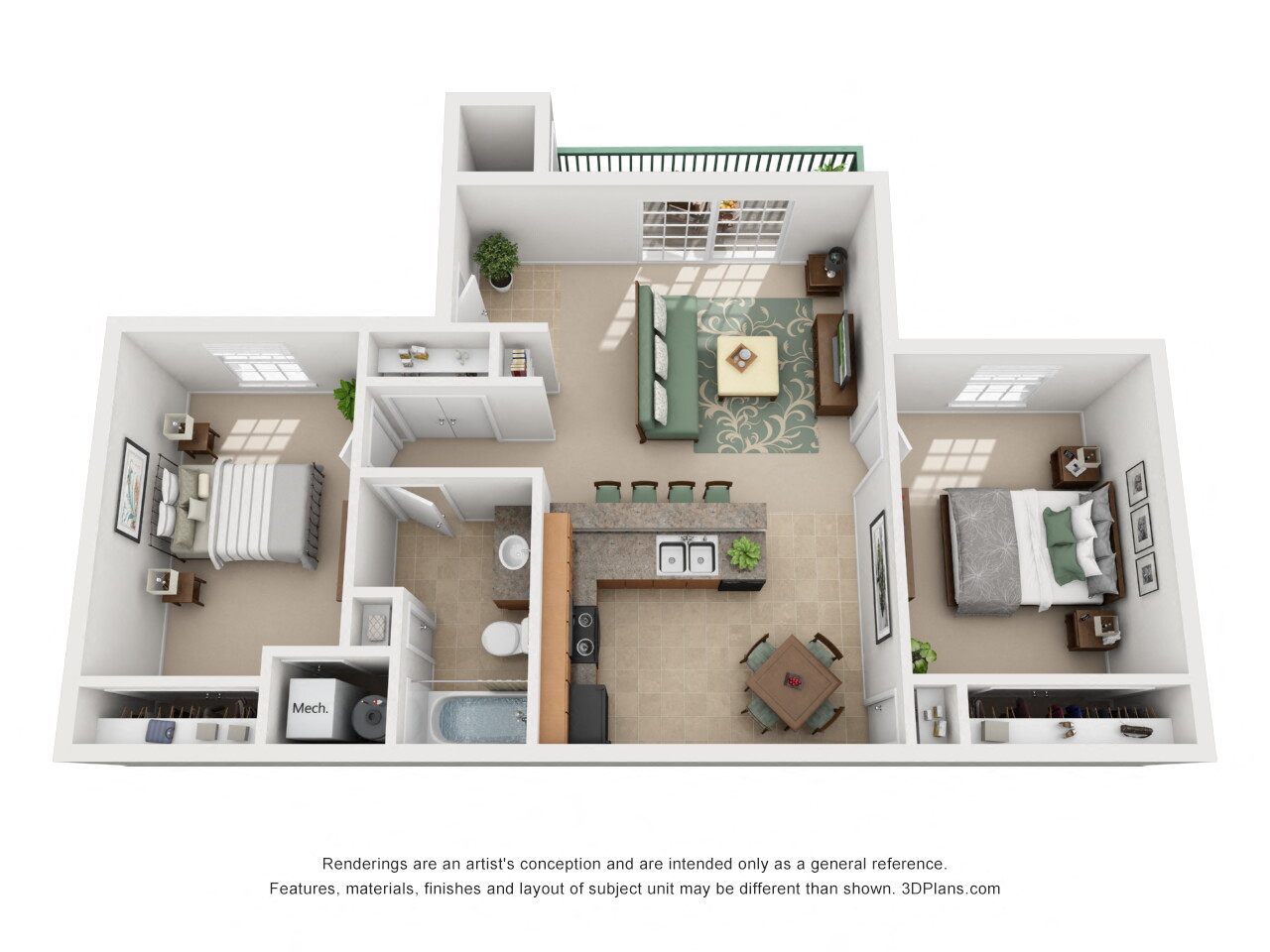 Floor plan for 2 beds, 1 bath, 800 sqft